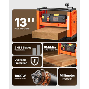 Thickness Planer, Two-Blade, 13-Inch Width Worktable Power Benchtop Planer, 1800W 23500 RPM Powerful Motor, Dual Rollers, Over Protection, Single Speed Woodworking, for Hard & Soft Wood Material