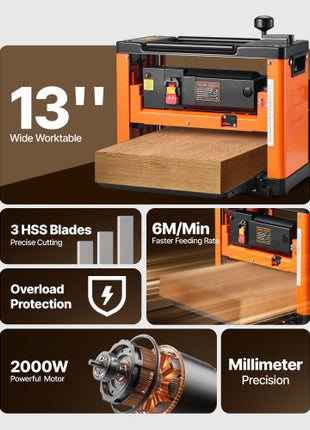 Thickness Planer, Three-Blade, 13-Inch Width Worktable Power Benchtop Planer, 2000W 23500 RPM Powerful Motor, Dual Rollers, Over Protection, Single Speed Woodworking, for Hard Soft Wood Material