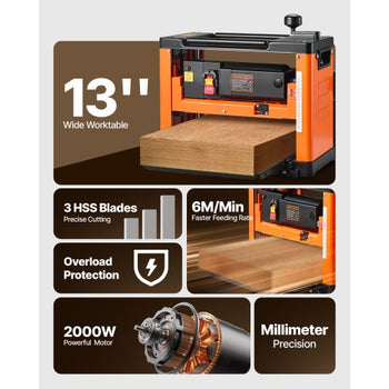 Thickness Planer, Three-Blade, 13-Inch Width Worktable Power Benchtop Planer, 2000W 23500 RPM Powerful Motor, Dual Rollers, Over Protection, Single Speed Woodworking, for Hard Soft Wood Material