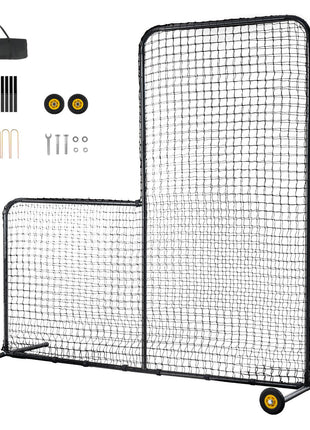 L Screen Baseball for Batting Cage, 7x7 ft Softball Safety Screen, Body Protector Portable Batting Screen with Carry Bag, Wheels, Ground Stakes, Heavy Duty Pitching Net for Pitchers Protection