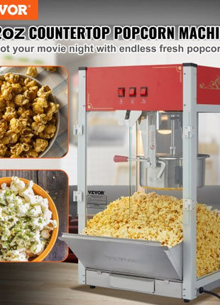 Popcorn Maker, 1440W Popcorn Popper Machine, 12 Oz Kettle Makes 80 Cups per Batch, Countertop Popcorn Maker with Tempered Glass, 3 Stainless Steel Scoops, Movie Theater Style, Red