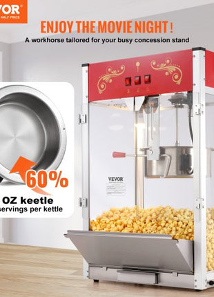 Popcorn Maker, 1615W Popcorn Popper Machine, 16 Oz Kettle Large Capacity Countertop Popcorn Maker with Tempered Glass, Includes 3 Stainless Steel Scoops, Movie Theater Style, Red