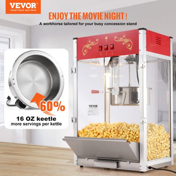Popcorn Maker, 1615W Popcorn Popper Machine, 16 Oz Kettle Large Capacity Countertop Popcorn Maker with Tempered Glass, Includes 3 Stainless Steel Scoops, Movie Theater Style, Red