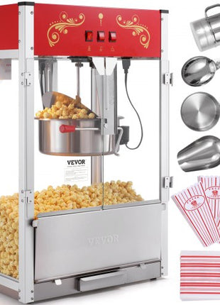 Popcorn Maker, 1615W Popcorn Popper Machine, 16 Oz Kettle Large Capacity Countertop Popcorn Maker with Tempered Glass, Includes 3 Stainless Steel Scoops, Movie Theater Style, Red