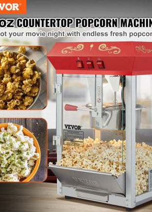 Popcorn Maker, 850W Popcorn Popper Machine, 8 Oz Kettle Makes 48 Cups per Batch, Countertop Popcorn Maker with Tempered Glass, Includes 4 Scoops, Movie Theater Style, Red