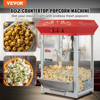 Popcorn Maker, 850W Popcorn Popper Machine, 8 Oz Kettle Makes 48 Cups per Batch, Countertop Popcorn Maker with Tempered Glass, Includes 4 Scoops, Movie Theater Style, Red