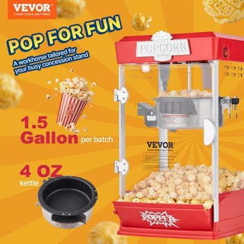Popcorn Maker, 480W Popcorn Popper Machine, 4 Oz Kettle Makes 1.5 Gallon per Batch, Tabletop Popcorn Maker, Includes 3 Scoops, Movie Theater Style, Red
