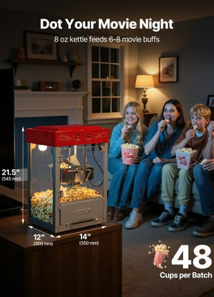 Popcorn Machine, 8oz Stainless Steel Kettle, 800W Commercial Countertop Popcorn Maker, 48 Cups per Batch Theater Style Popper, with 2-Button Control Glass Wall PC Door 1 Scoop 3 Spoons, Red