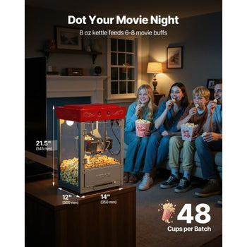 Popcorn Machine, 8oz Stainless Steel Kettle, 800W Commercial Countertop Popcorn Maker, 48 Cups per Batch Theater Style Popper, with 2-Button Control Glass Wall PC Door 1 Scoop 3 Spoons, Red