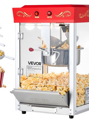 Popcorn Machine, 8oz Stainless Steel Kettle, 800W Commercial Countertop Popcorn Maker, 48 Cups per Batch Theater Style Popper, with 2-Button Control Glass Wall PC Door 1 Scoop 3 Spoons, Red