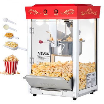 Popcorn Machine, 8oz Stainless Steel Kettle, 800W Commercial Countertop Popcorn Maker, 48 Cups per Batch Theater Style Popper, with 2-Button Control Glass Wall PC Door 1 Scoop 3 Spoons, Red