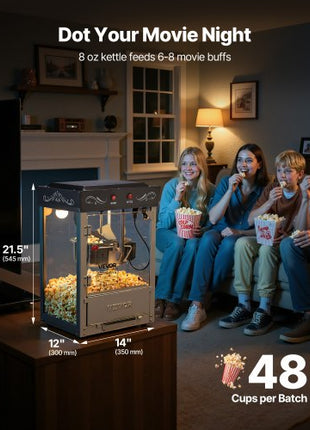 Popcorn Machine, 8oz Stainless Steel Kettle, 800W Commercial Countertop Popcorn Maker, 48 Cups per Batch Theater Style Popper, with 2-Button Control Glass Wall PC Door 1 Scoop 3 Spoons, Black