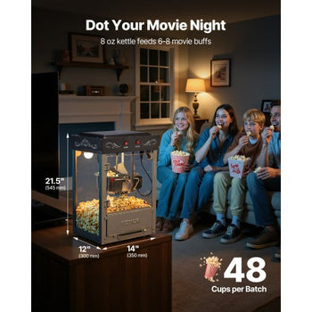 Popcorn Machine, 8oz Stainless Steel Kettle, 800W Commercial Countertop Popcorn Maker, 48 Cups per Batch Theater Style Popper, with 2-Button Control Glass Wall PC Door 1 Scoop 3 Spoons, Black