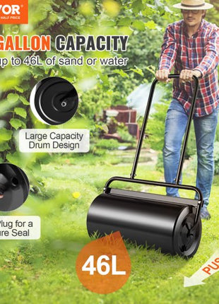 Lawn Roller, 13 Gallon Sand/Water Filled Yard Roller, Steel Sod Roller with Easy-turn Plug and U-Shaped Ergonomic Handle for Convenient Push and Pull, for Lawn, Garden, Farm, Park, Black