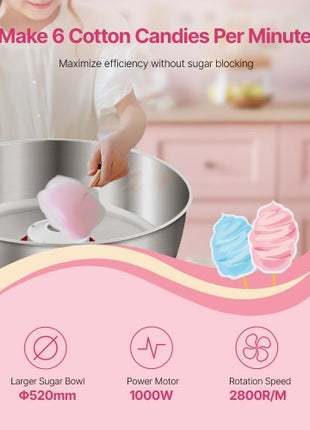 Electric Cotton Candy Machine, 1000W Commercial Candy Floss Maker with 20.5 in Stainless Steel Bowl, Sugar Scoop, and Drawer, Easy Home Use, Perfect for Kids Birthday, Family Party, Pink