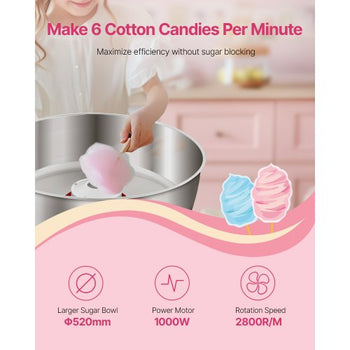 Electric Cotton Candy Machine, 1000W Commercial Candy Floss Maker with 20.5 in Stainless Steel Bowl, Sugar Scoop, and Drawer, Easy Home Use, Perfect for Kids Birthday, Family Party, Pink