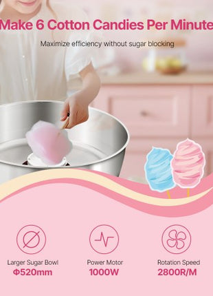 Electric Cotton Candy Machine, 1000W Commercial Candy Floss Maker with 20.5 in Stainless Steel Bowl, Sugar Scoop, and Drawer, Easy Home Use, Perfect for Kids Birthday, Family Party, Red