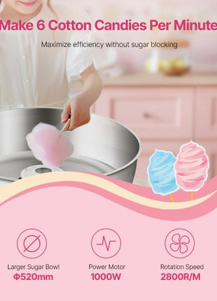 Electric Cotton Candy Machine, 1000W Commercial Candy Floss Maker with 20.5 in Stainless Steel Bowl, Sugar Scoop, and Drawer, Easy Home Use, Perfect for Kids Birthday, Family Party, Blue