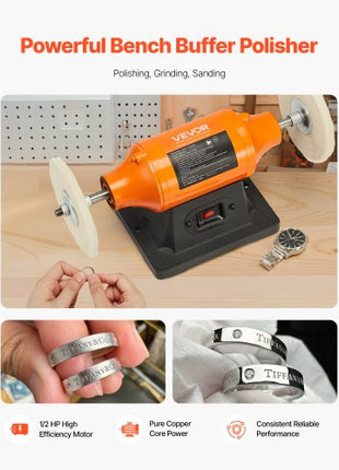 1/2HP Bench Buffer Polisher, 6-inch Bench Polishing Buffing Machine, 3450RPM Single Speed Benchtop Polisher with 2PCS Cloth Wheels & Cast Iron Base for Metal, Jewelry, Wood Polishing