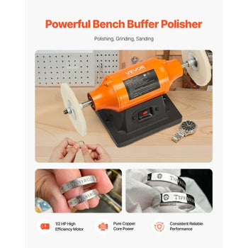1/2HP Bench Buffer Polisher, 6-inch Bench Polishing Buffing Machine, 3450RPM Single Speed Benchtop Polisher with 2PCS Cloth Wheels & Cast Iron Base for Metal, Jewelry, Wood Polishing