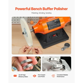 3/4HP Bench Buffer Polisher, 8-inch Bench Polishing Buffing Machine, 3450RPM Single Speed Benchtop Polisher with 2PCS Cloth Wheels & Cast Iron Base for Metal, Jewelry, Wood Polishing