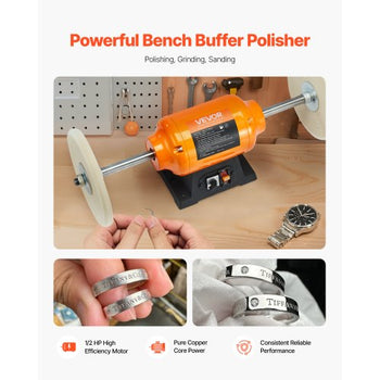 1/2HP Bench Buffer Polisher, 8-inch Bench Polishing Buffing Machine, 1725RPM/3450RPM Dual Speed Benchtop Polisher with 2PCS Cotton Wheels & Cast Iron Base for Metal, Jewelry, Wood Polishing