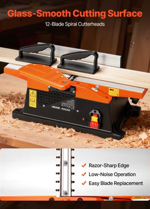 Spiral Benchtop Jointer, 6 in, 2 HP 12000 RPM Bench Top Wood Jointer, with 12-Blade Spiral Cutterhead, Up to 1/8 in Depth, Adjustable Fence, 6 x 23 in Cast Aluminum Table, for Woodworking DIY