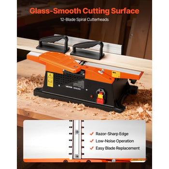 Spiral Benchtop Jointer, 6 in, 2 HP 12000 RPM Bench Top Wood Jointer, with 12-Blade Spiral Cutterhead, Up to 1/8 in Depth, Adjustable Fence, 6 x 23 in Cast Aluminum Table, for Woodworking DIY
