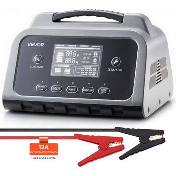 Smart Battery Charger, 12A, 6V 12V 24V 36V 48V Lithium LiFePO4 Lead-Acid (Gel / AGM) Car Battery Charger, with LCD Display, Trickle Charging Maintainer Desulfator, for Car, Boat, Motorcycle