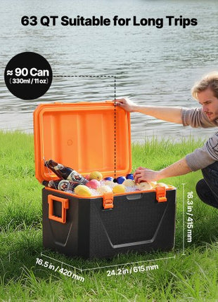 Portable Cooler, 63 QT Hard Cooler with Ice Retention, Heavy-Duty Handles and Cup Holder, Lightweight Rigid Material Insulated Portable Cooler, Suitable for Family Picnics and Long Trips