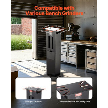 Bench Grinder Stand, Heavy-Duty Bench Grinder and Vise Floor Pedestal with 11" x 6.7" Mounting Plate, Grinding Wheel Storage Compartments & Cast Iron Base, Compatible with Most Bench Grinders