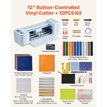 Vinyl Cutting Machine, 12 in, Button-Controlled Vinyl Cutter with Materials and Tool Kit, 20000+ Built-in Design Resources, Compatible with Mac, Windows, Android and iOS, for Customized Cards