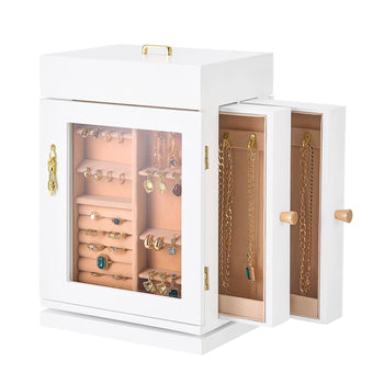 Jewelry Box, 360° Rotating Jewelry Organizer with Magnetic Door, Acrylic Window and Built-in 4 Necklace Hooks, Spacious Storage Case with Metal Handles, Bottom Pad and Soft Flannel Lining, White