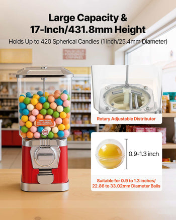 Gumball Machine for Kids, 17"H Home Candy Vending Machine, PC Gumball Dispenser, Bubble Gum Machine for Game Stores, Coin Operated Gumball Bank for Toy Capsules Bouncy Balls Candy, Red
