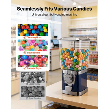Gumball Machine for Kids, 17"H Home Candy Vending Machine, PC Gumball Dispenser, Bubble Gum Machine for Game Stores, Coin Operated Gumball Bank for Toy Capsules Bouncy Balls Candy, Blue