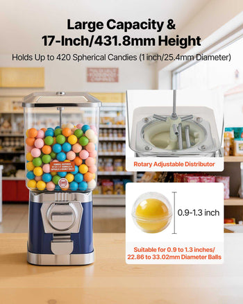 Gumball Machine for Kids, 17"H Home Candy Vending Machine, PC Gumball Dispenser, Bubble Gum Machine for Game Stores, Coin Operated Gumball Bank for Toy Capsules Bouncy Balls Candy, Blue