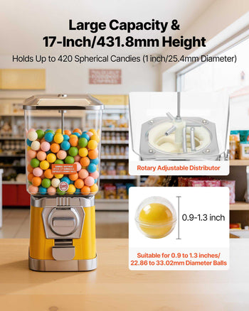 Gumball Machine for Kids, 17"H Home Candy Vending Machine, PC Gumball Dispenser, Bubble Gum Machine for Game Stores, Coin Operated Gumball Bank for Toy Capsules Bouncy Balls Candy, Yellow