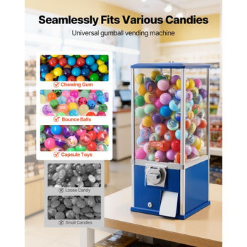 Gumball Machine for Kids, 25" Height Home Vending Machine, PS Bouncy Balls Dispenser, Hold 230 Capsule Toys, Rectangle Bubble Gum Machine for Game Stores, Coin Operated Gumball Bank, Blue