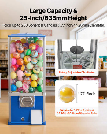 Gumball Machine for Kids, 25" Height Home Vending Machine, PS Bouncy Balls Dispenser, Hold 230 Capsule Toys, Rectangle Bubble Gum Machine for Game Stores, Coin Operated Gumball Bank, Blue