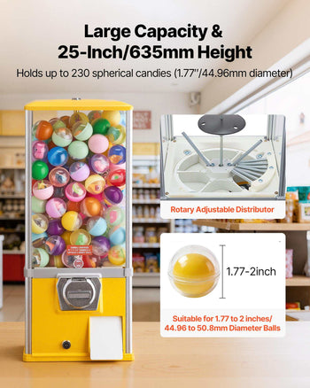 Gumball Machine, 25 inch Height Candy Vending Machine Dispenser, 25-Cent Vending Machines for Shopping Malls, Supermarkets, Amusement Parks, Arcades, Holds Up to 230 1.77 inch Spherical Candies