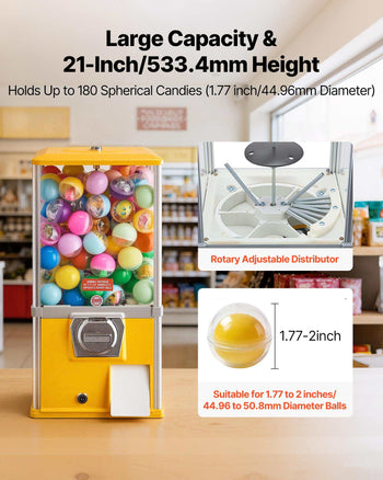 Gumball Machine, 21 inch Height Candy Vending Machine Dispenser, 25-Cent Vending Machines for Shopping Malls, Supermarkets, Amusement Parks, Arcades, Holds Up to 180 1.77 inch Spherical Candies