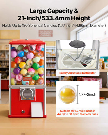 Gumball Machine, 21 inch Height Candy Vending Machine Dispenser, 25-Cent Vending Machines for Shopping Malls, Supermarkets, Amusement Parks, Arcades, Holds Up to 180 1.77 inch Spherical Candies