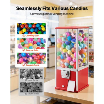 Gumball Machine for Kids, 25" Height Home Vending Machine, PS Bouncy Balls Dispenser, Hold 230 Capsule Toys, Rectangle Bubble Gum Machine for Game Stores, Coin Operated Gumball Bank, Red