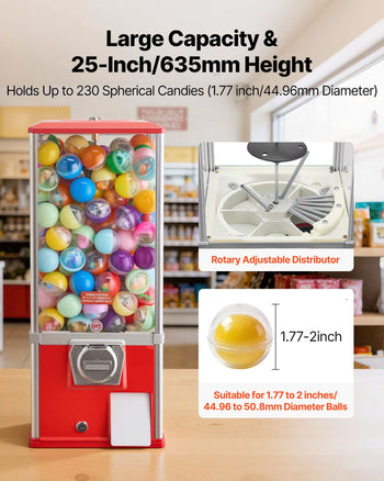 Gumball Machine for Kids, 25" Height Home Vending Machine, PS Bouncy Balls Dispenser, Hold 230 Capsule Toys, Rectangle Bubble Gum Machine for Game Stores, Coin Operated Gumball Bank, Red
