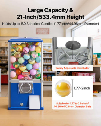 Gumball Machine, 21 inch Height Candy Vending Machine Dispenser, 25-Cent Vending Machines for Shopping Malls, Supermarkets, Amusement Parks, Arcades, Holds Up to 180 1.77 inch Spherical Candies