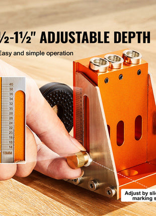 Orange aluminum depth gauge with easy-to-read markings for ½"-1½" adjustments, perfect for precise woodworking.