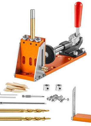 Orange aluminum doweling jigs set with red handle, metal base, drill bits, and accessories for precise woodworking.