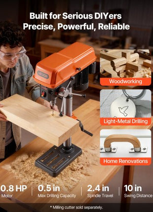 10-Inch Benchtop Drill Press, 5 Amp, 0.8 HP 600W Bench Drill Press, 530-3140 RPM Variable Speed, 0-45° Tilting Worktable, with Laser and LED Work Light, Tabletop Drilling Machine, for Wood Metal