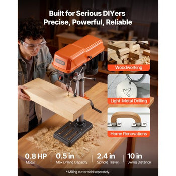 10-Inch Benchtop Drill Press, 5 Amp, 0.8 HP 600W Bench Drill Press, 530-3140 RPM Variable Speed, 0-45° Tilting Worktable, with Laser and LED Work Light, Tabletop Drilling Machine, for Wood Metal