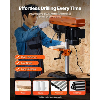 10 in Benchtop Drill Press, 6.2A Induction Motor, Tabletop Drilling Machine with 650 / 1050 / 1800 / 2350 / 3100 RPM Adjustable Speed, 0-45° Tilting Worktable, LED Work Light, for Wood Metal
